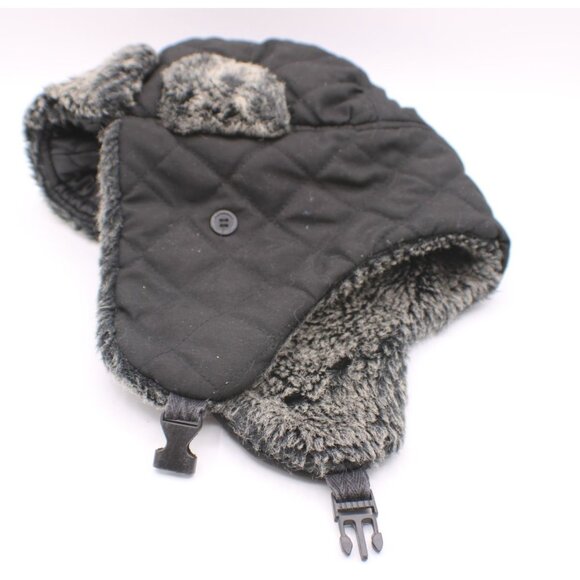 Carbon Elements Black Quilted Faux Fur Trapper Hat Buckle Strap Closure OSFM - Picture 2 of 10